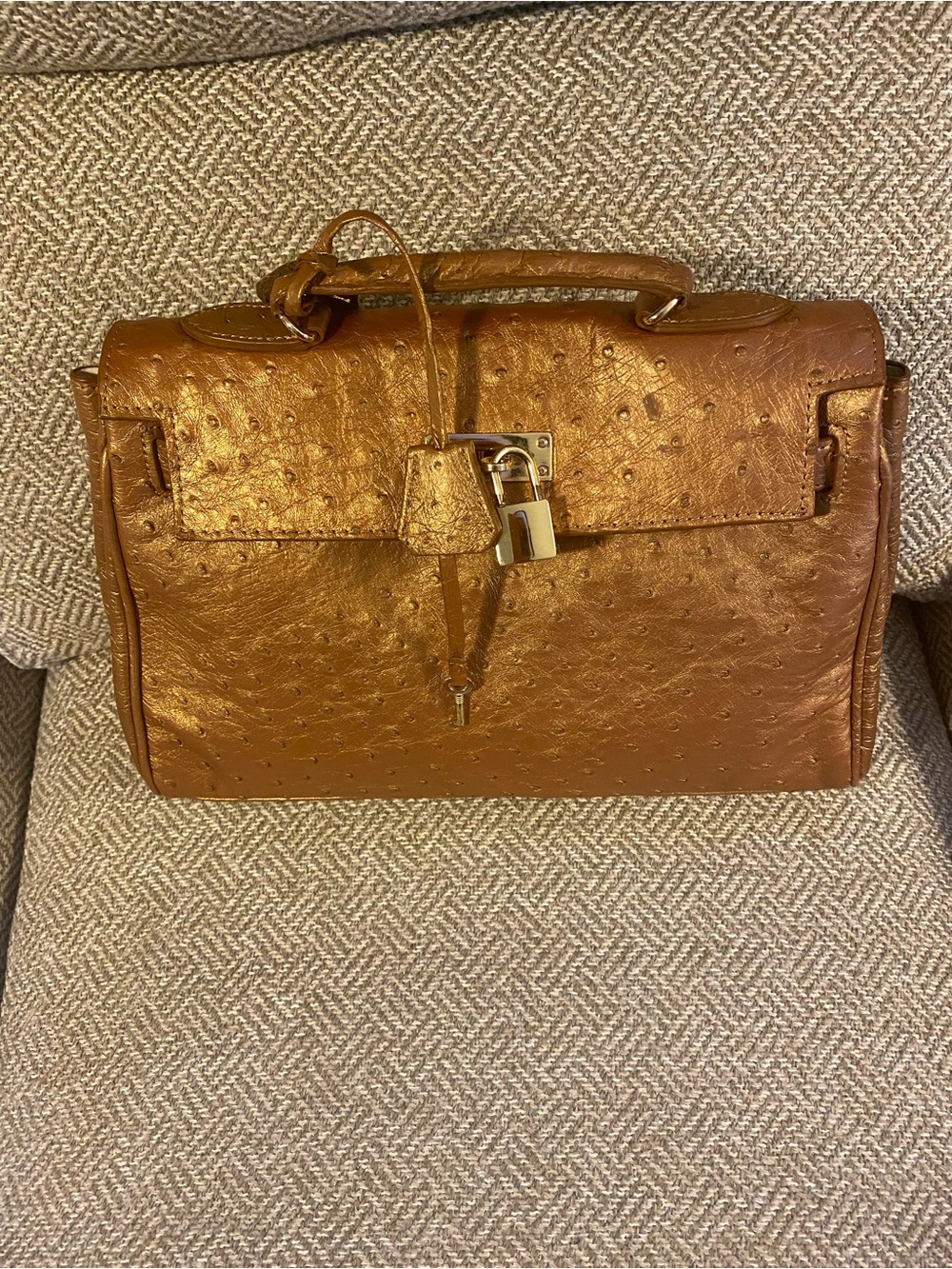 Structured Women's Top-Handle Bag in Tan Ostrich-leather NRFB